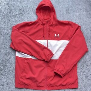 Under Armour Jacket Mens XL Red White Ripstop Hiking Windbreaker Hooded Lightwt